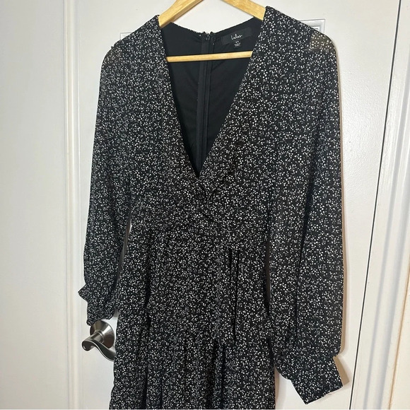 LULU’S Tell You I Love You Black White Floral Twist Long Sleeve Mini Dress XS - Picture 5 of 9